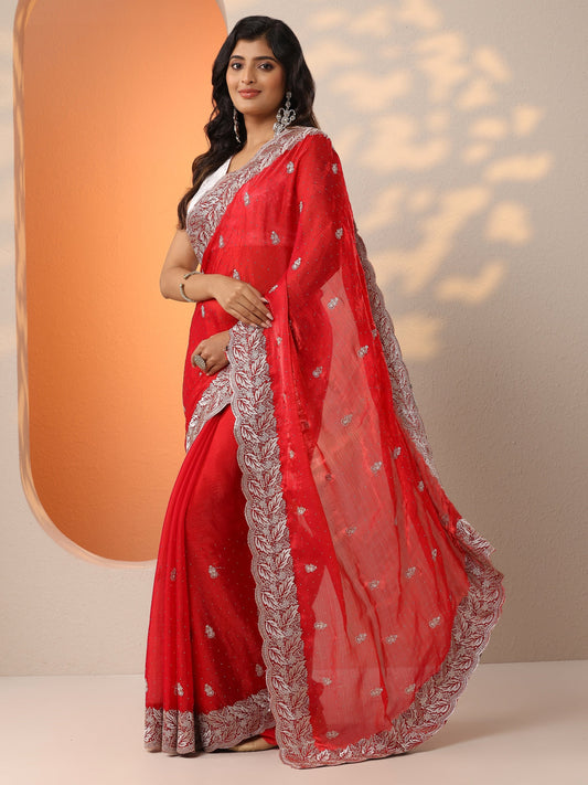 Red Embroidered Silk Blend Saree With Unstitched Blouse Piece