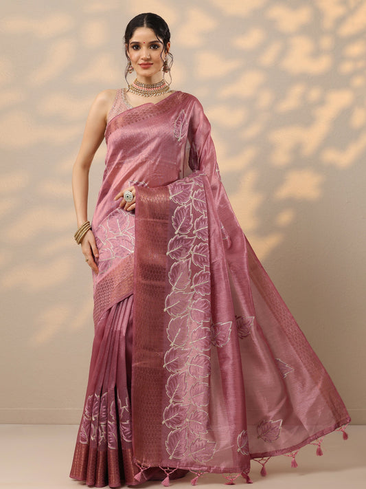 Pink Embroidered Silk Blend Saree With Unstitched Blouse Piece