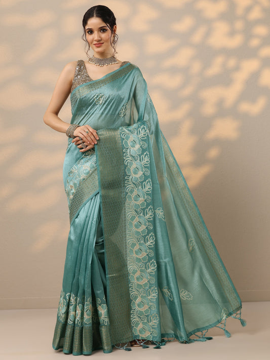 Blue Embroidered Silk Blend Saree With Unstitched Blouse Piece