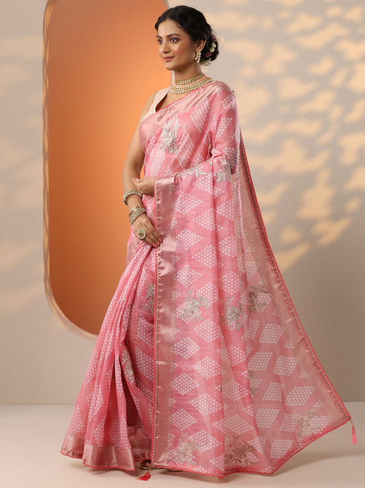 Pink Printed Silk Blend Saree With Unstitched Blouse Piece