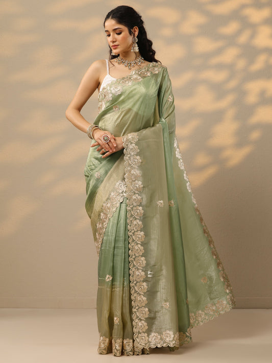 Green Embroidered Organza Saree With Unstitched Blouse Piece