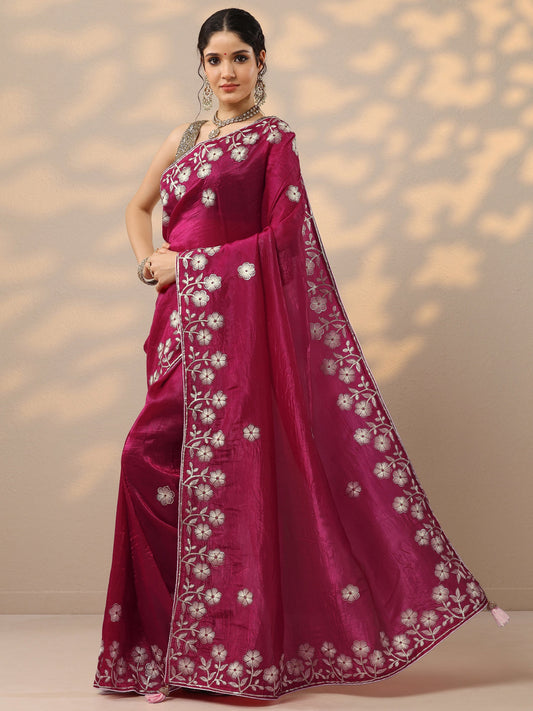Pink Embroidered Organza Saree With Unstitched Blouse Piece