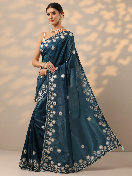 Blue Embroidered Organza Saree With Unstitched Blouse Piece