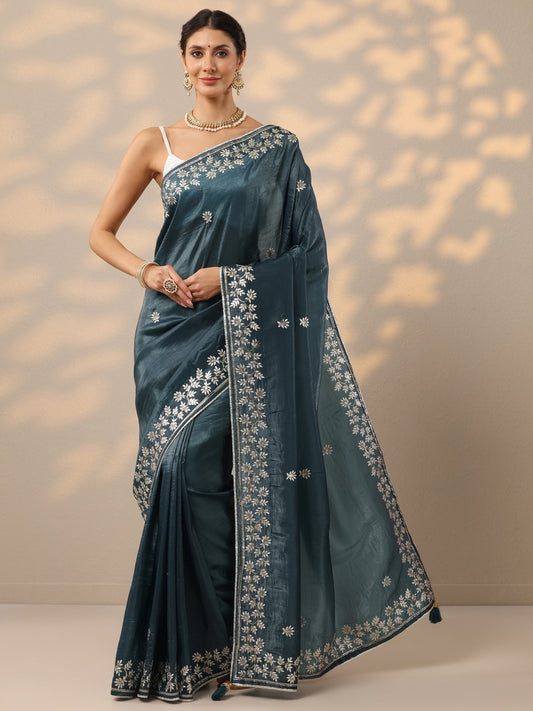 Teal Embroidered Organza Saree With Unstitched Blouse Piece