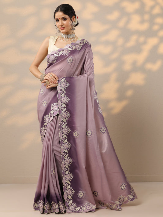 Lavender Embroidered Silk Blend Saree With Unstitched Blouse Piece