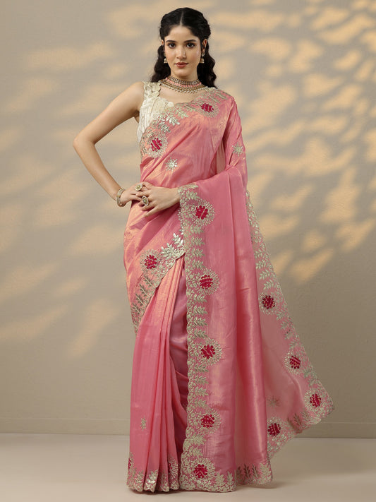 Peach Embroidered Organza Saree With Unstitched Blouse Piece