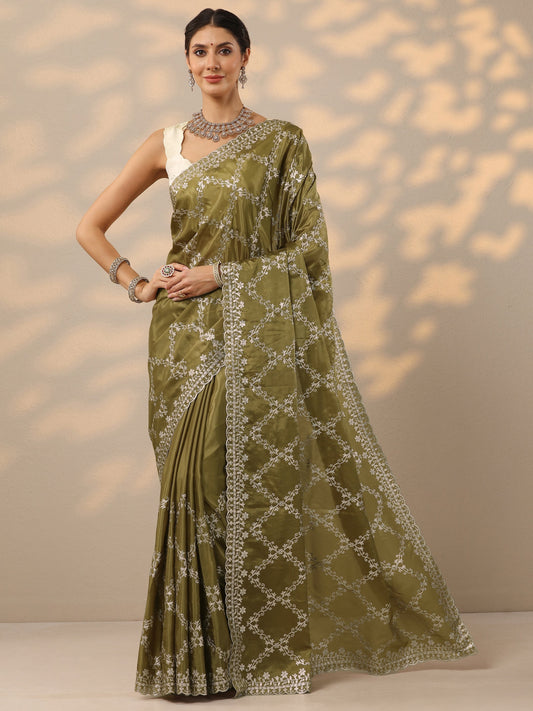 Green Embroidered Silk Blend Saree With Unstitched Blouse Piece