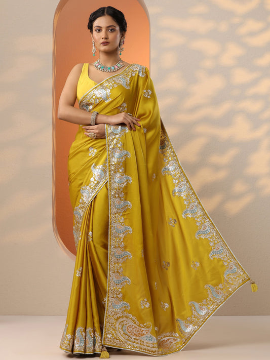 Mustard Embroidered Satin Saree With Unstitched Blouse Piece