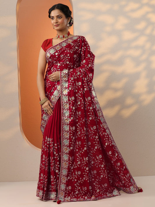 Red Embroidered Satin Saree With Unstitched Blouse Piece