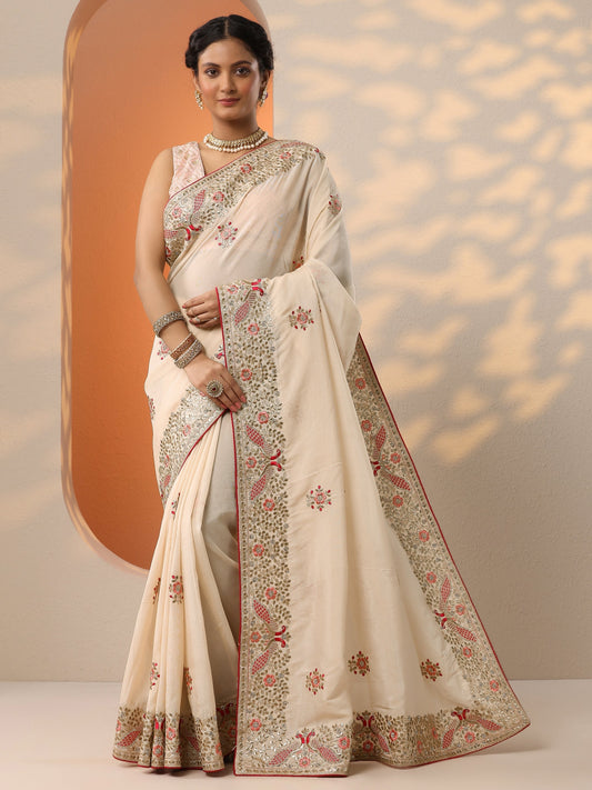 Off White Embroidered Silk Blend Saree With Unstitched Blouse Piece