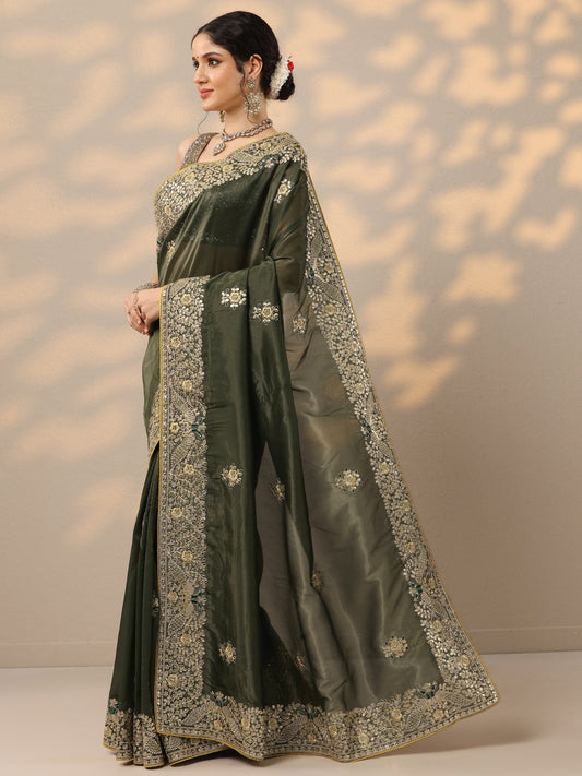 Green Embroidered Silk Blend Saree With Unstitched Blouse Piece