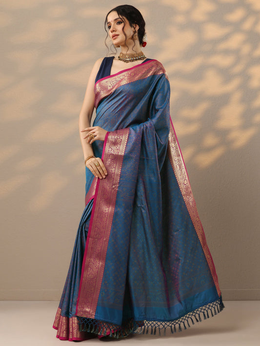 Blue Woven Design Silk blend Saree With Unstitched Blouse Piece