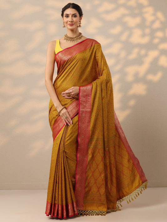 Mustard Woven Design Banarasi Silk Blend Saree With Unstitched Blouse Piece