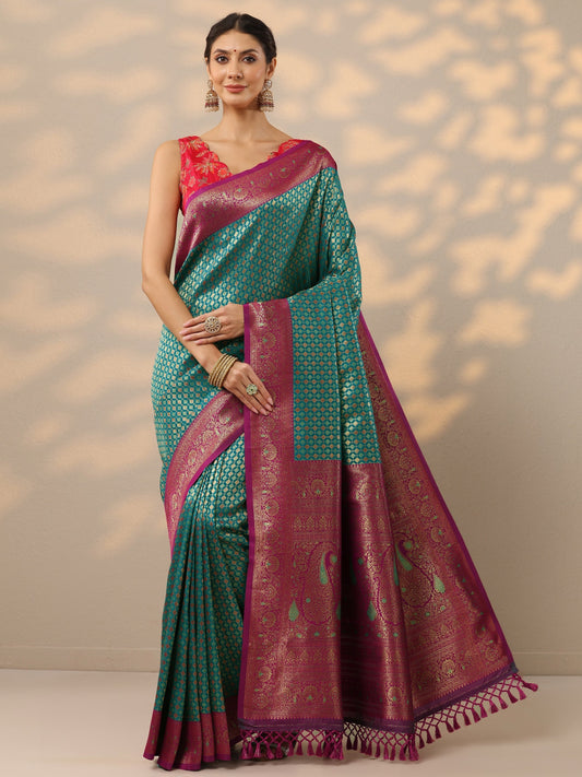 Green Woven Design Banarasi Silk Blend Saree With Unstitched Blouse Piece