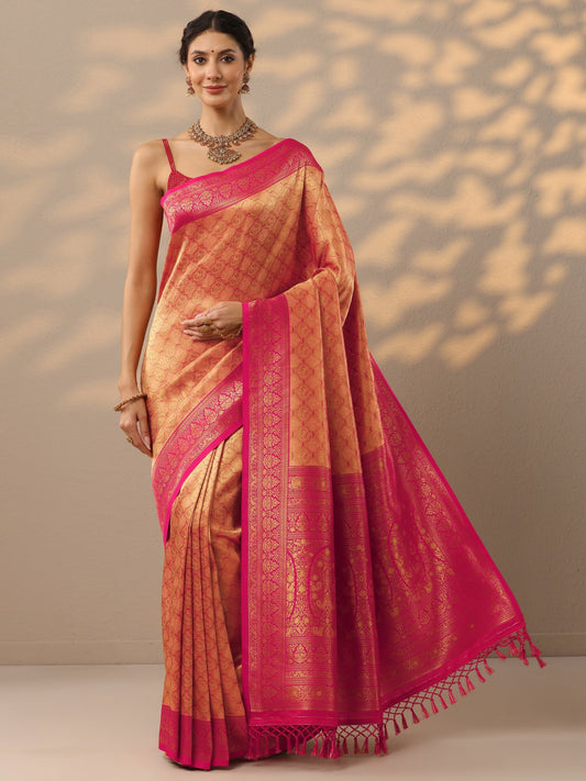 Peach Woven Design Banarasi Silk Blend Saree With Unstitched Blouse Piece