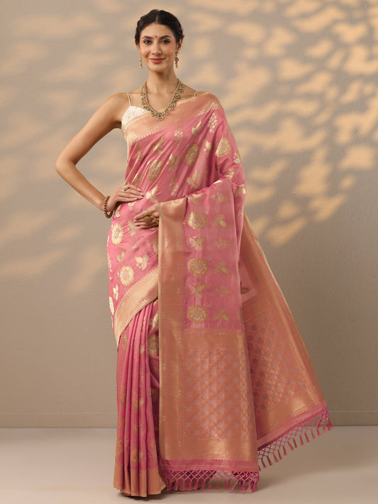 Peach Woven Design Banarasi Silk Blend Saree With Unstitched Blouse Piece