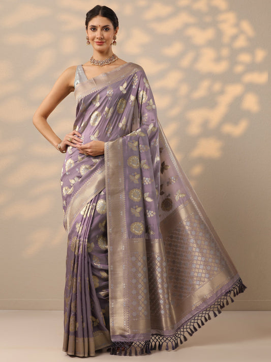 Lavender Woven Design Banarasi Silk Blend Saree With Unstitched Blouse Piece