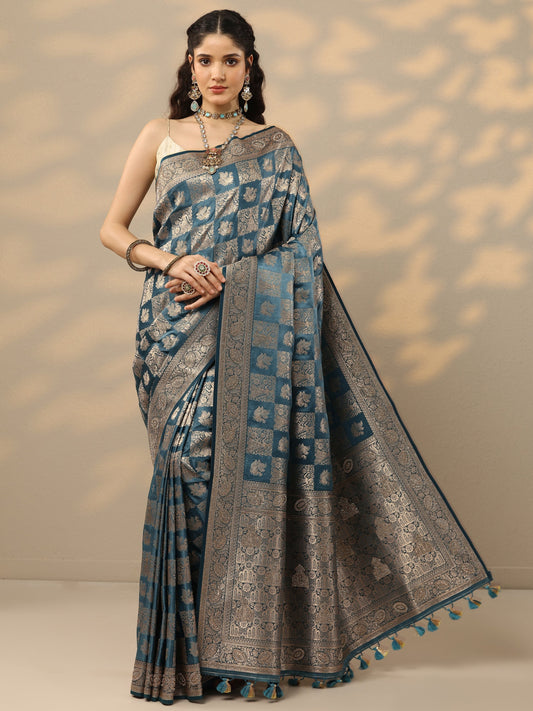 Blue Woven Design Banarasi Silk Blend Saree With Unstitched Blouse Piece