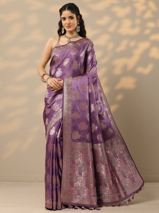 Purple Woven Design Banarasi Silk Blend Saree With Unstitched Blouse Piece