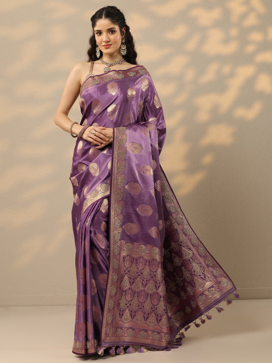 Purple Woven Design Banarasi Silk Blend Saree With Unstitched Blouse Piece