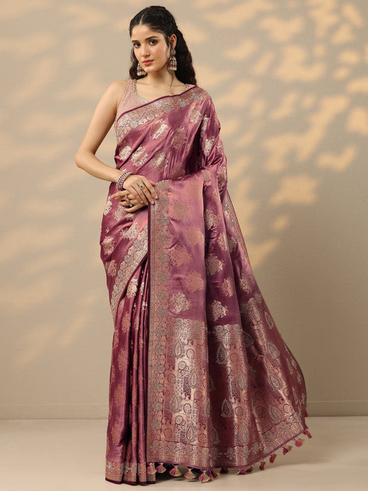 Pink Woven Design Banarasi Silk Blend Saree With Unstitched Blouse Piece