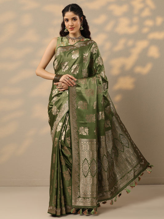 Green Woven Design Banarasi Silk Blend Saree With Unstitched Blouse Piece