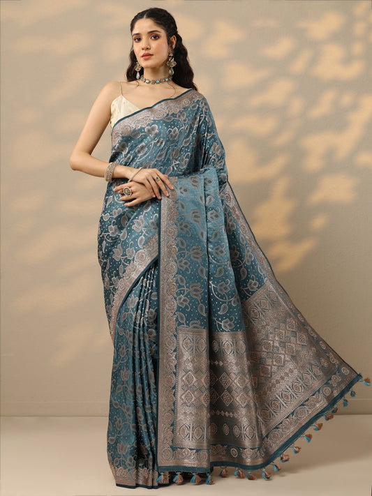 Blue Woven Design Silk Blend Saree With Unstitched Blouse Piece
