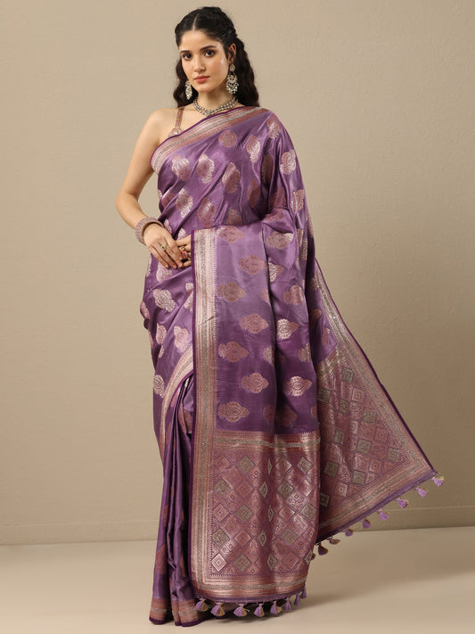 Purple Woven Design Banarasi Silk Blend Saree With Unstitched Blouse Piece