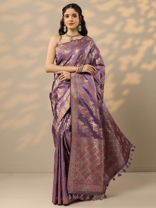 Purple Woven Design Banarasi Silk Blend Saree With Unstitched Blouse Piece