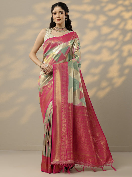 Multi Woven Design Banarasi Silk Blend Saree With Unstitched Blouse Piece