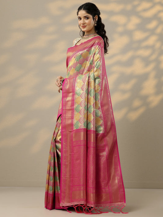 Multi Woven Design Banarasi Silk Blend Saree With Unstitched Blouse Piece