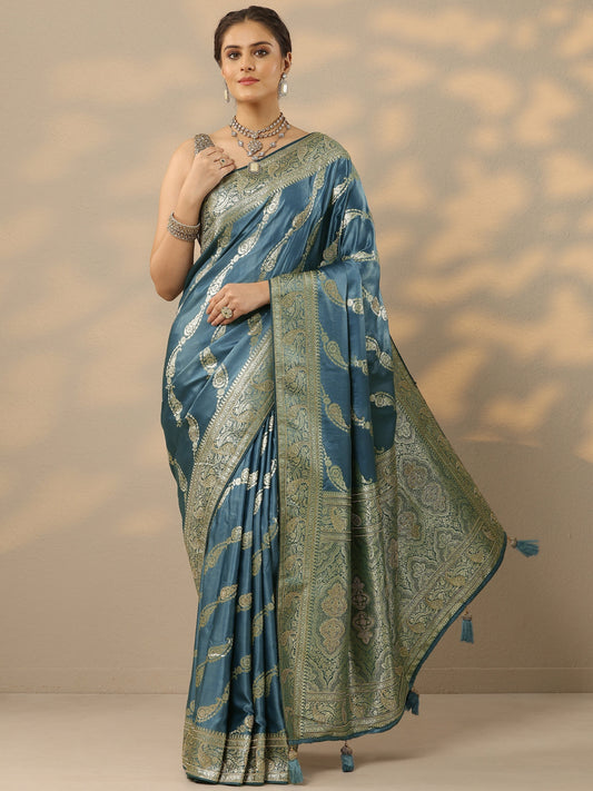Blue Embellished Banarasi Silk Blend Saree With Unstitched Blouse Piece