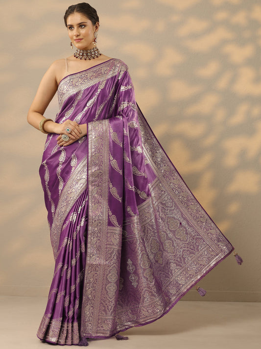 Purple Embellished Banarasi Silk Blend Saree With Unstitched Blouse Piece