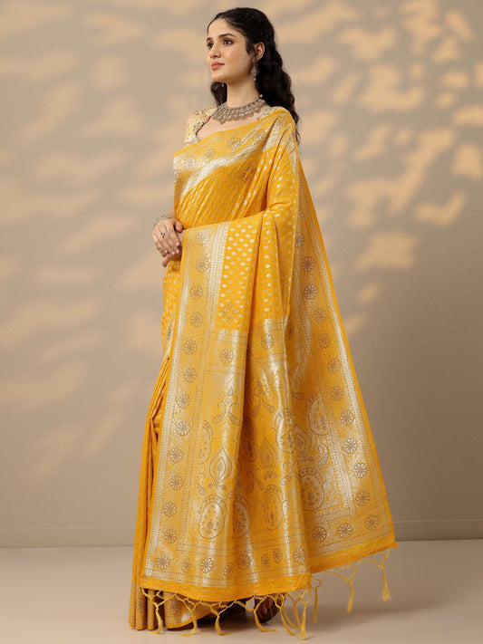 Yellow Woven Design Banarsi Silk Blend Saree With Unstitched Blouse Piece