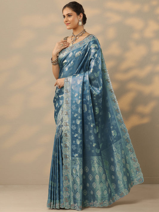 Blue Embellished Banarasi Silk Blend Saree With Unstitched Blouse Piece