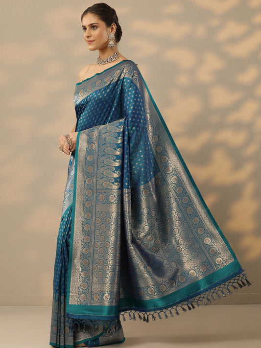 Blue Woven Design Banarasi Silk Blend Saree With Unstitched Blouse Piece