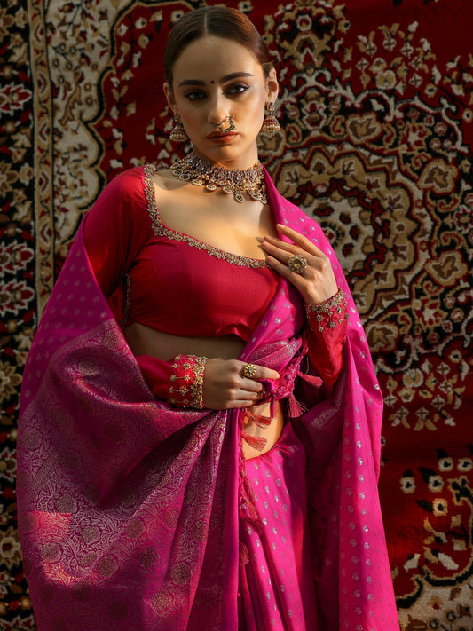 Pink Woven Design Banarasi Silk Blend Saree With Unstitched Blouse Piece