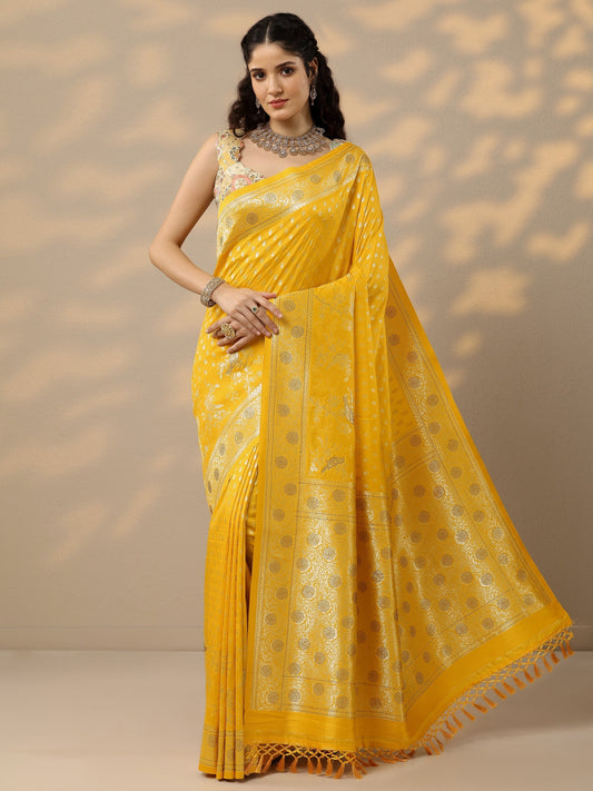 Yellow Woven Design Banarasi Silk Blend Saree With Unstitched Blouse Piece