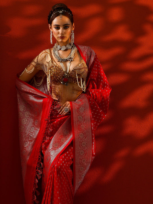 Red Woven Design Banarasi Silk Blend Saree With Unstitched Blouse Piece