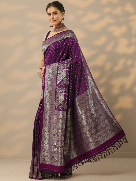Purple Embellished Banarasi Silk Blend Saree With Unstitched Blouse Piece
