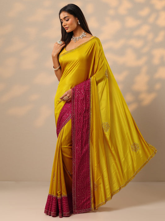 Mustard Embellished Crepe Saree With Unstitched Blouse Piece