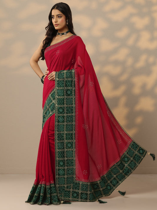 Red Printed Chinon Saree With Unstitched Blouse Piece