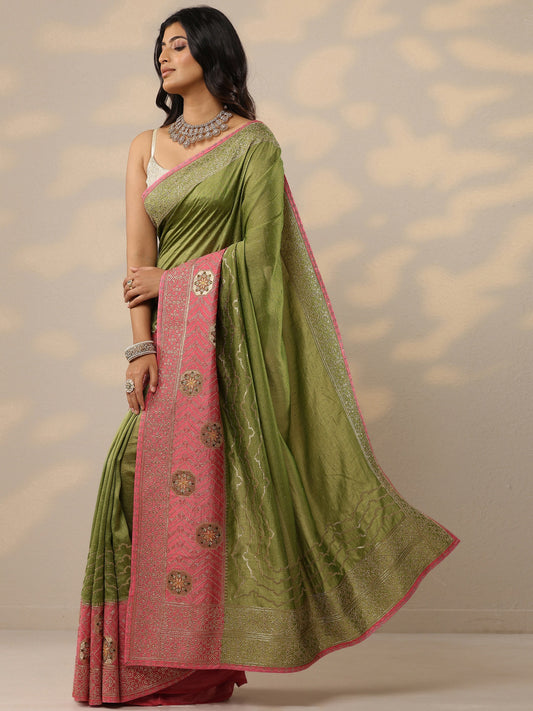 Green Embellished Silk Blend Sarees With Unstitched Blouse Piece