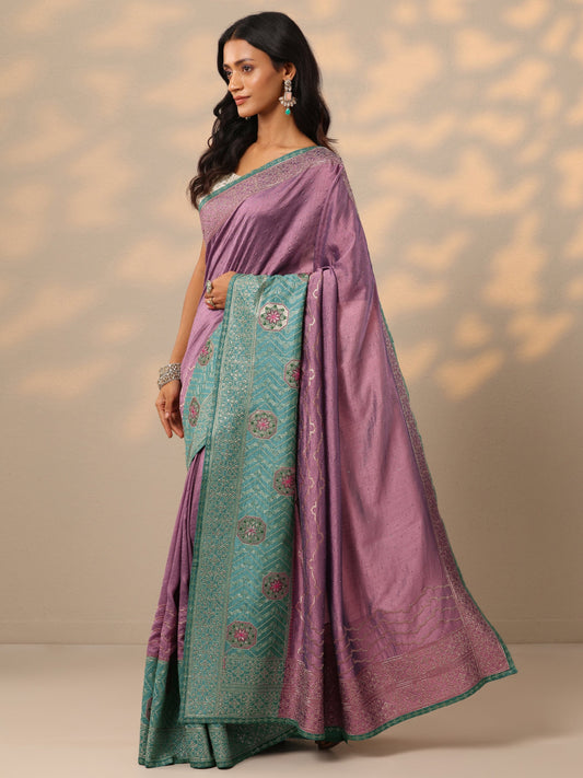 Purple Embellished Silk blend Saree With Unstitched Blouse Piece