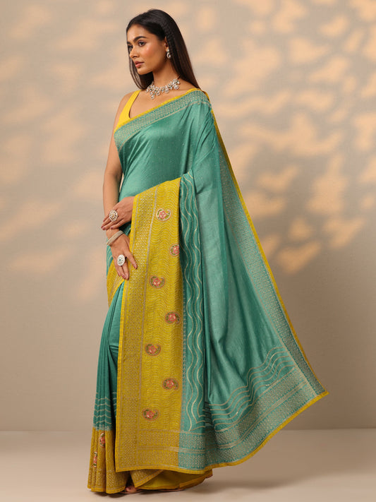 Turquoise Blue Embellished Silk blend Saree With Unstitched Blouse Piece