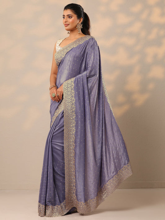 Lavender Embellished Crepe Sarees With Unstitched Blouse Piece