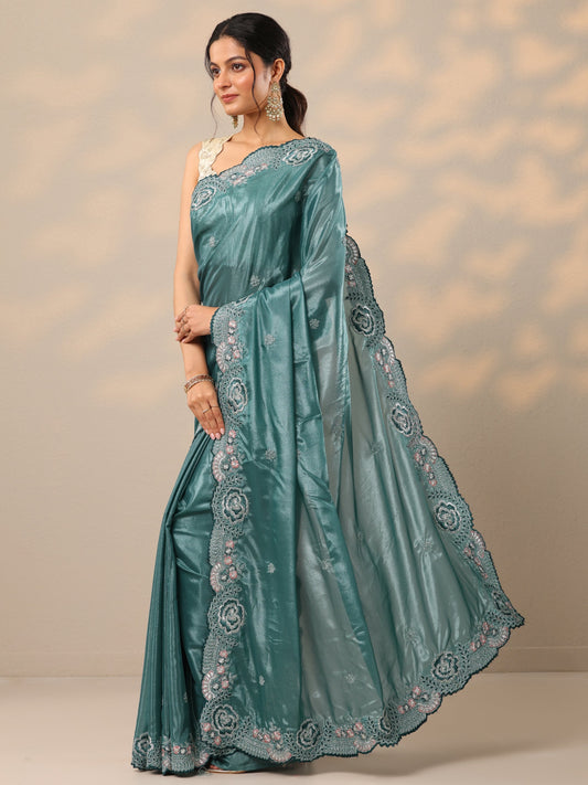 Blue Embroidered Silk Blend Sarees With Unstitched Blouse Piece