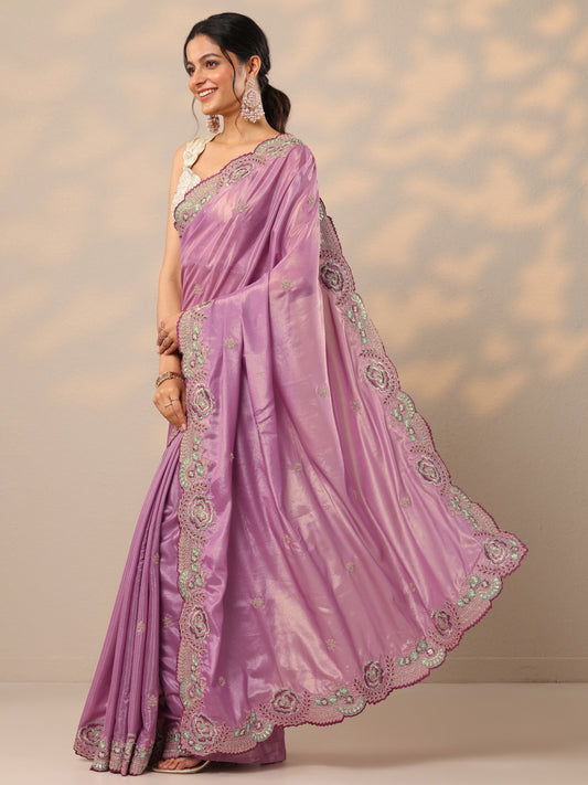Mauve Embroidered Silk Blend Sarees With Unstitched Blouse Piece