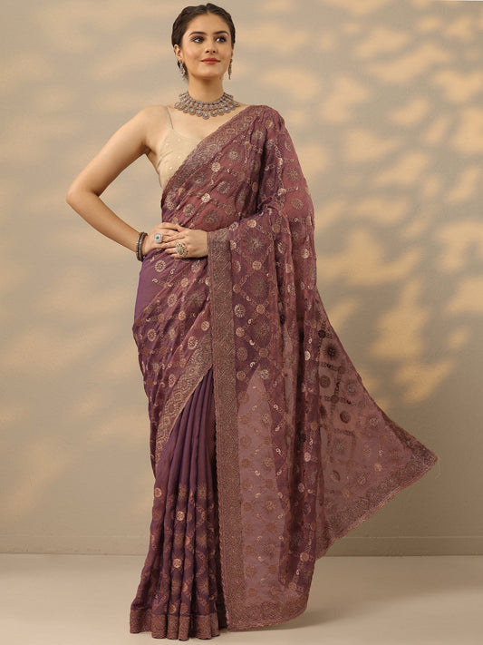 Purple Embroidered Banarasi Silk Blend Saree With Unstitched Blouse Piece