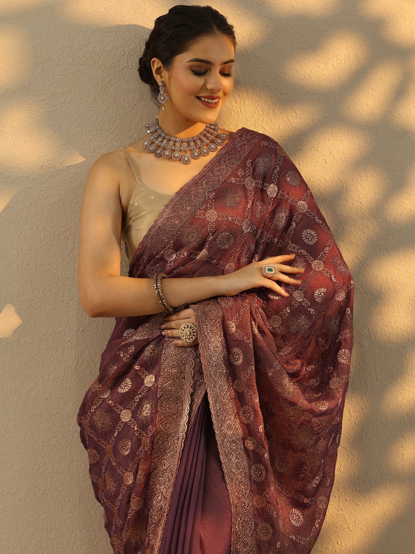 Purple Embroidered Banarasi Silk Blend Saree With Unstitched Blouse Piece